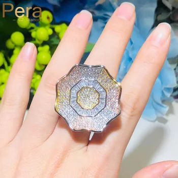 

Pera Large Wave Flower Bridal 3 Tone Gold Color Finger Rings Jewelry for Wedding Engagement Party Women with Full Paved CZ R125