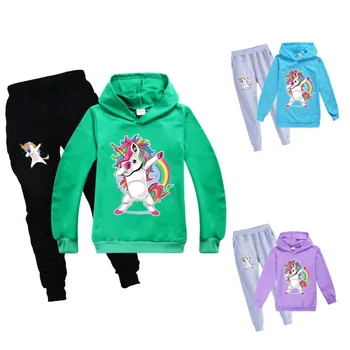 

Kids Clothes Girls UNICORN Hooded T Shirt Fashion Boys Cotton Hoodies+Dark Grey Trousers 2pc Leisure Suit Teenage Spring Outfits