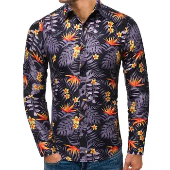 

Hawaiian Style Men's Casual Floral Shirt Dress Male Blouse Long sleeve Black Social Shirt for Man Plus size