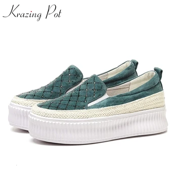 

Krazing Pot sheep suede leisure plaid decoration high quality sweety girl sneaker round toe cozy handmade vulcanized shoes L45