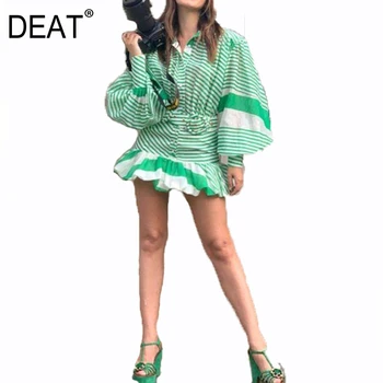 

DEAT 2020 new autumn and winter lantern sleeves green printed high waist mini length pullover turn-down collar dress WN39306L