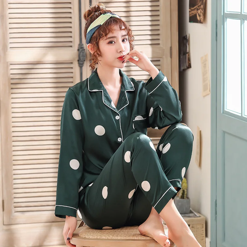 

Yongxing Spring And Autumn Long-sleeved Cardigan Pajamas Two-Piece Set Polka Dot Women's Loose-Fit Fold-down Collar Model Silk H