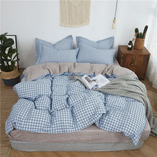plaid blue Домашний Комплект постельного белья с геометрическим рисунком, хлопковый комплект постельного белья+ мягкий пододеяльник из модала, Комплект постельного белья из хлопка с сеткой для мальчиков и девочек, Комплект постельного белья для взрослых - Цвет: plaid blue