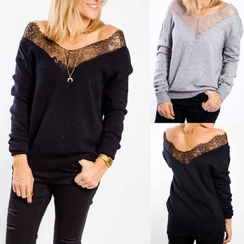 

2019 Spring Autumn Women Sexy Deep V-Neck Sweaters Womens Off Shoulder Lace V-Neck perspective lace long sleeve sweater Pullover