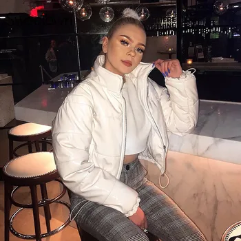 

Sweetown Winter Fashion Warm Women Coat Jackets Zipper Turtleneck Cropped Jacket Top Solid Pockets Ladies Parka Autumn Coats