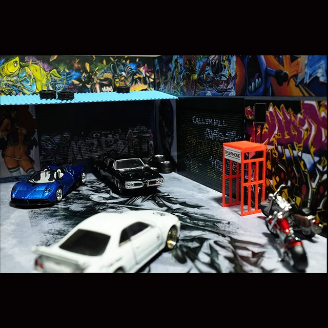 1/64 Scale Garage Parking Lot Factory Warehouse Graffiti Automobile Refitting Scene Fit Car Model Toy Gift Collection Display 5