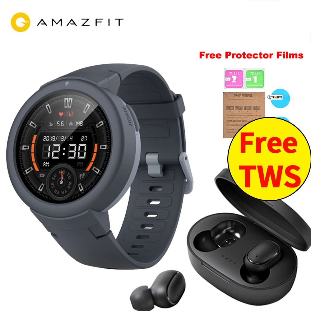 Free Films, TWS Earphones Huami AMAZFIT Verge Lite Smart Watch Bip 2 GPS IP68 Waterproof Multi-Sports Smartwatch Health Tracker - Цвет: Gray add Black