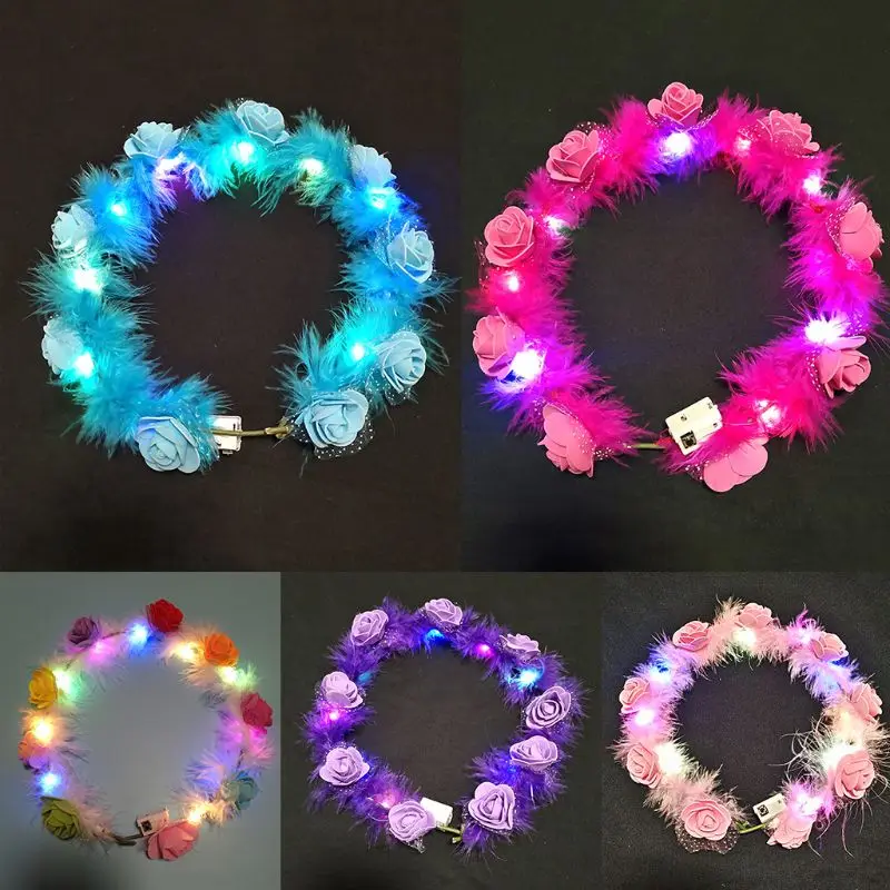 

Adults Kids LED Light Up Wreath Crown Fluffy Flashing Feather Floral Headband Garland Party Stage Dance Accessories 6 Colors