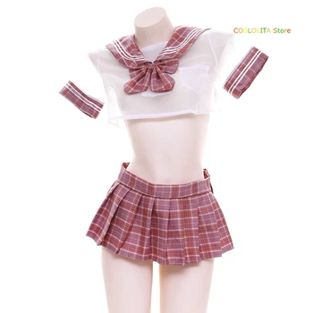

Women JK Uniform Transparent Sexy Plaid Sailor suit Nightdress Bowknot Suit Nets yarn Girls Kawaii Short Skirt Pajamas Cosplay