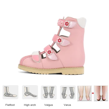 

Girls Orthotic Summer Pink Sandals with Flower Hard Heel High-Top Closed-Toe Arch Support Soft Microfiber Leather Kids Shoes