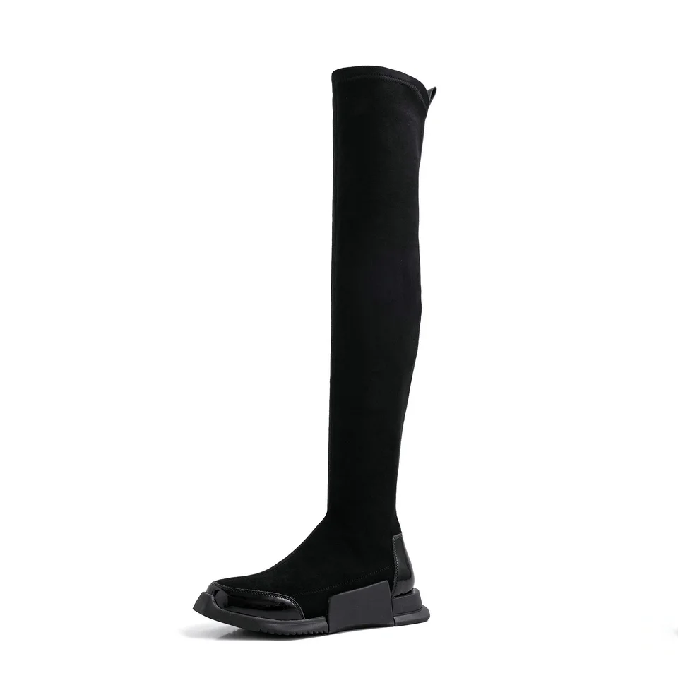 EshtonShero/обувь женские сапоги выше колена, на низком квадратном каблуке, без шнуровки, эластичные зимние черные женские мотоциклетные ботинки Размер 3-8 - Цвет: Black Flock