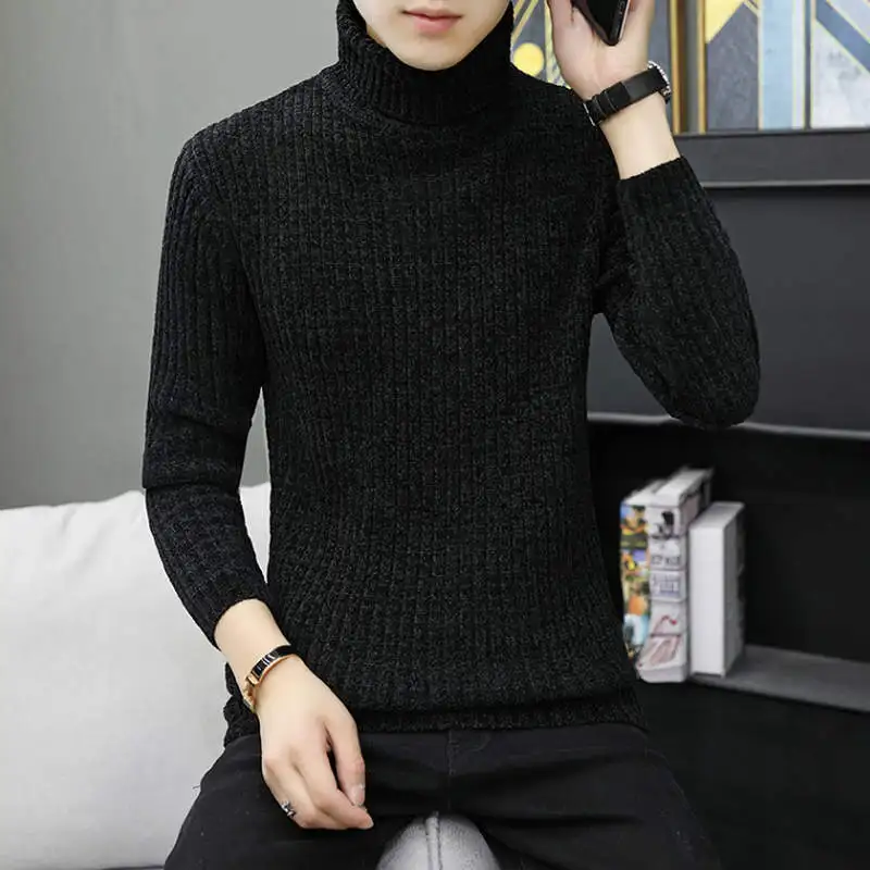 High Quality Warm Turtleneck Sweater Men Fashion Solid Knitted Mens Sweaters Casual Slim Pullover Male Double Collar Tops - Color: Black