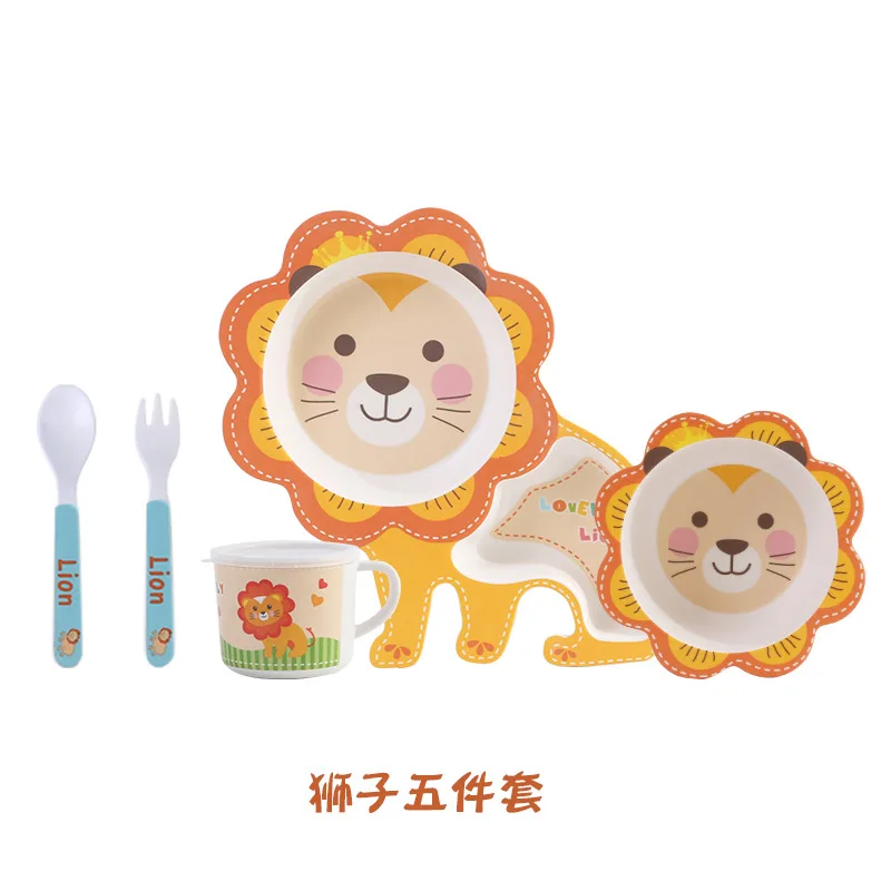 Натуральный бамбук детская посуда для детей с изображением животных, комплекты с рисунками «пять-предмет столовые приборы креативный подарок Младенческая Столовая Посуда