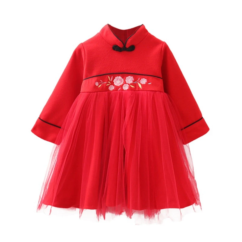 

1pc Baby Girl Spring-autumn Chinese New Year Sepring Festival Children's Chinese Style Printed Plus Velvet Elegant Mesh Dress
