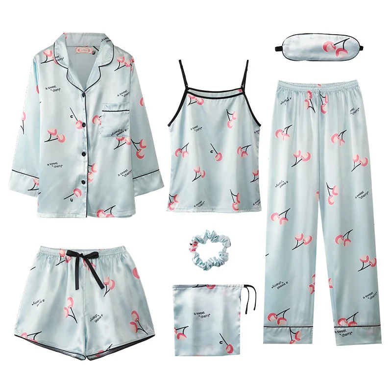 

Kee Shing Seven Pieces Imitated Silk Fabric Cherry Cute Casual Long Sleeve Pajamas Women's Long Sleeve Trousers Camisole 7 Piece