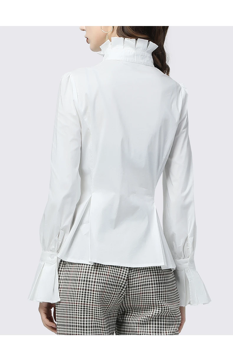 Офисная Женская белая рубашка водолазка с оборками хлопковый топ жемчуг бисером длинные расклешенные рукава плюс размер элегантная тонкая Рабочая одежда рубашки