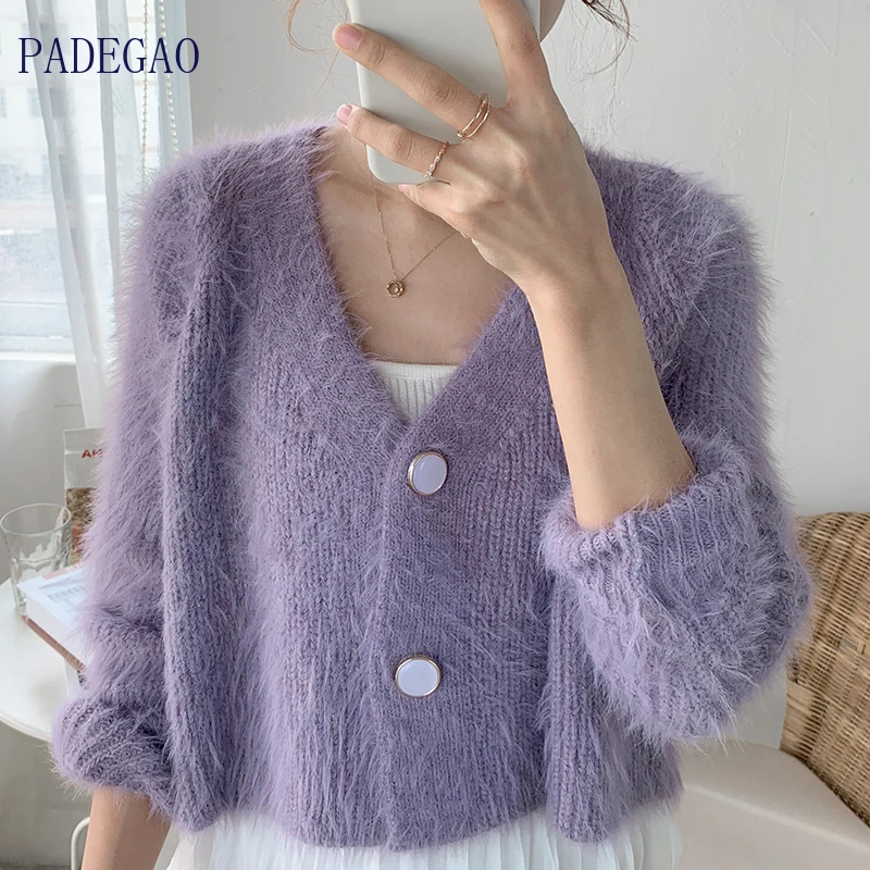 

Purple Cardigan Short Sweater Cashmere Female White Black 2020 Mink Velvet Mohair coat jacket outerwear Wool Button Fleece Top