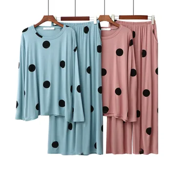 

Kawaii Pajama 2020 Polka Dot Pajamas Women Modal Thin Long-sleeved Trousers Suit Stretch Home Suit Polka Dot Print Pajama Set