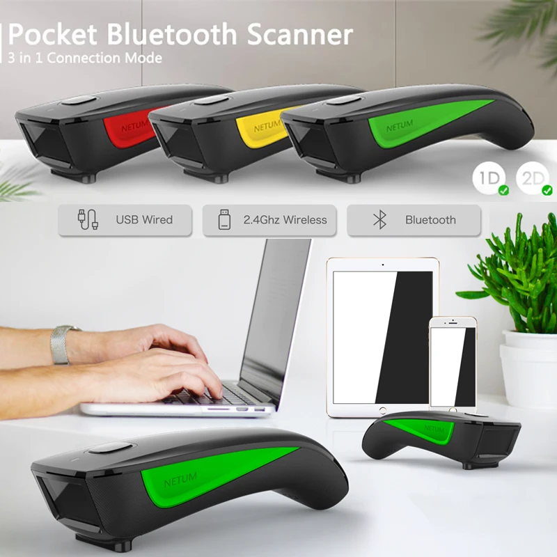 NETUM-Lector de código de barras portátil, lector de código de barras QR de bolsillo, PDF417, inalámbrico, Bluetooth, 1D, 2D, compatible con pagos móviles IOS y Android, C740