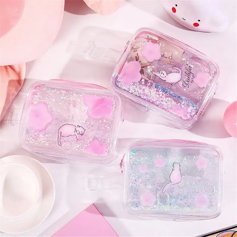 Kawaii Сакура кошка прозрачный чехол для косметических средств сумки масла песок школа Penc R7RB