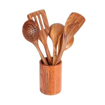 

Cooking Utensils Set Wooden Cooking Tools and Storage Wooden Barrel- Natural Nonstick Hard Wood Spatula and Spoons - Durable Eco