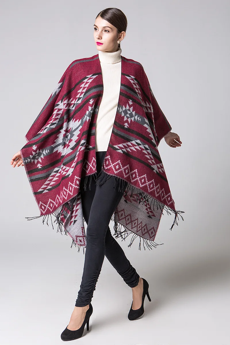 Геометрический принт женский зимний шарф мода кисточкой пашмины шарфы женские мягкие утолщенные пончо и накидки