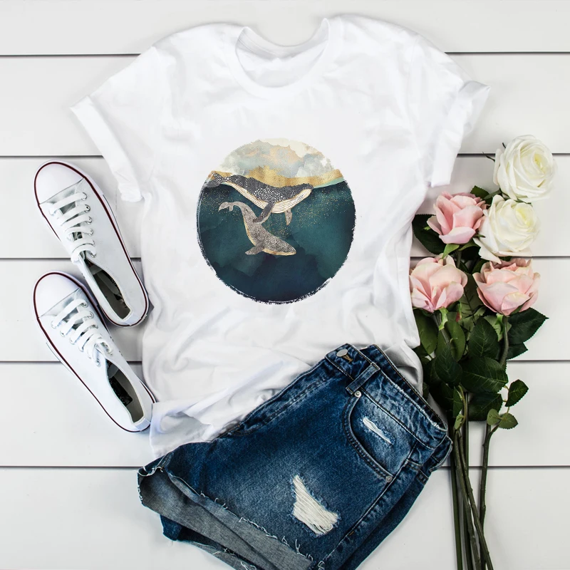 Женские топы с изображением Кита, рыбы, милого искусства, женские топы, эстетическая одежда, графическая женская футболка Tumblr, футболка, футболки - Цвет: CZ8402
