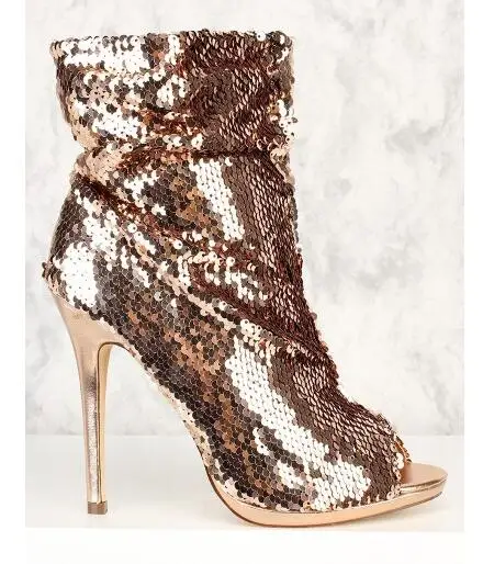 Moraima Snc Dark Champagne Sequin Boots Peep Toe Stiletto Heel Party Slouch Boots Sexy Peep Toe Ankle Boots for Woman - Цвет: as pictures