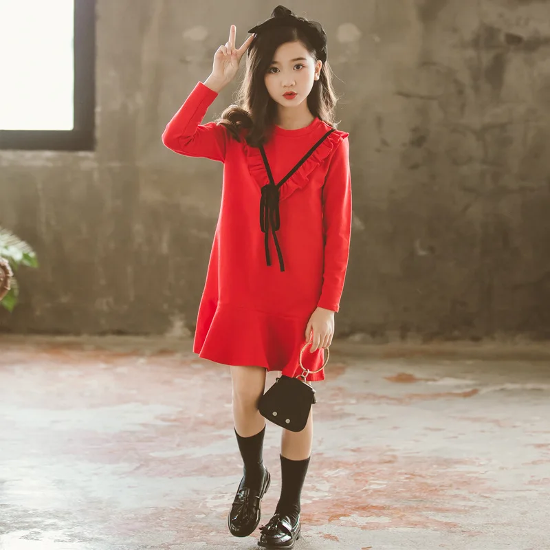 Г. Платье для больших девочек осенне-зимнее платье с оборками для девочек, красная одежда для мамы и дочки милое рождественское платье для подростков