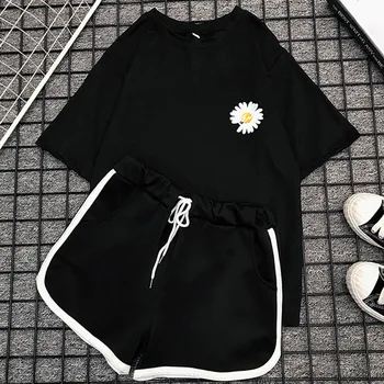 

Summer 2020 Casual Sports Suit, Female Fat mm Large Size Slimming 200 Jin Small Daisy T-shirt Short Sleeve Two-Piece Female
