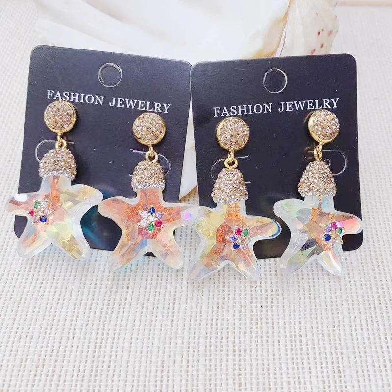 

24K Gold Rhinestone Crystal Star Earring Shinny Colorful Star Long Dangle Earring For Lady Woman 1pairs