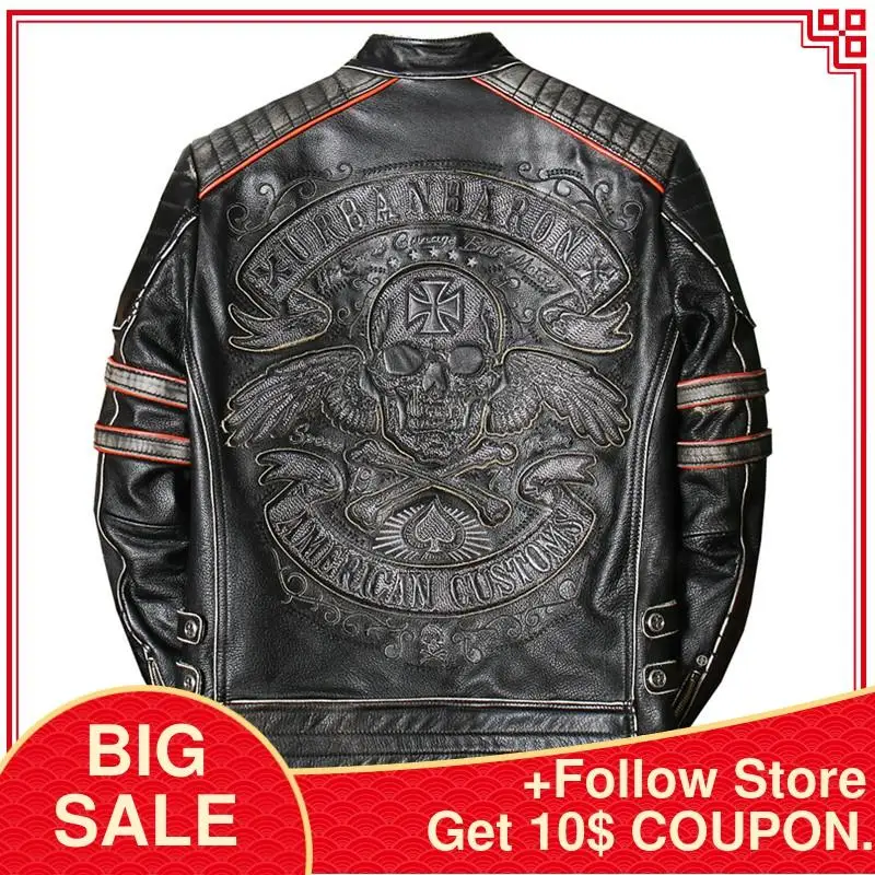 

2020 Vintage Black Skulls Embroidery Biker's Leather Jacket Men Plus Size XXXXL Genuine Cowhide Spring Slim Fit Motorcycle Coat