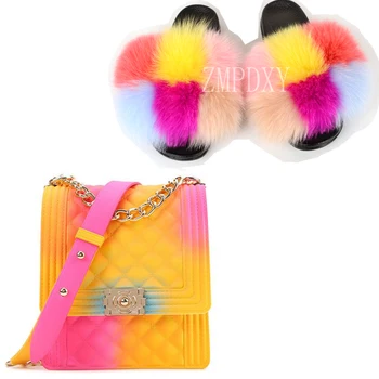 

Ladies Fur Slides Fashion Jelly Bag Handbag Fluffy Slides Flat Sandals Colorful Bag Luxury Brand Shoes Bag Set Elegant Shoes