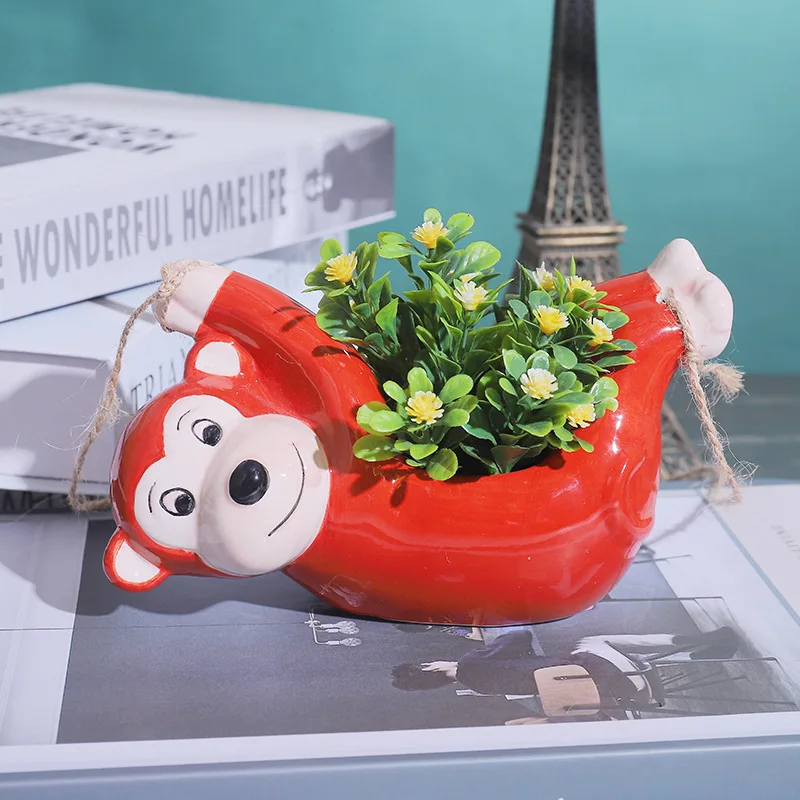 

Nordic Wall Hanging Ceramic Vase Cartoon Panda Monkey Flower Pot Succulents Potted Plant Animal FlowerPot Home Garden Decoration