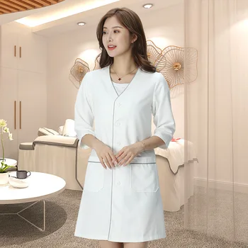 

New Arrival Summer Hospital Doctor's Uniforms Lady Short Sleeve Medical Clothes Beauty Salon V-neck White Lab Coat Nurse Uniform