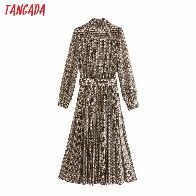 Tangada женское элегантное платье с цепочкой, с принтом, с галстуком-бабочкой, с длинным рукавом,, корейская мода, для офиса, для девушек, миди платья, vestidos 5Z50