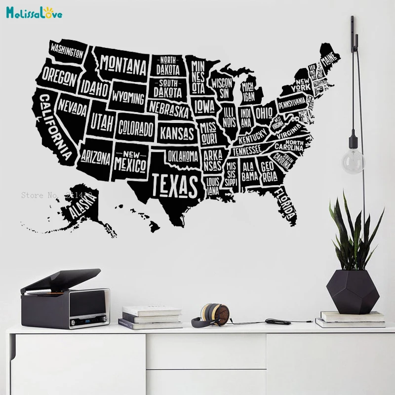 Американская карта Наклейка на стену каждое штатное имя помечено домашний декор офис съемный пользовательский цвет виниловые художественные фрески подарок YT2394