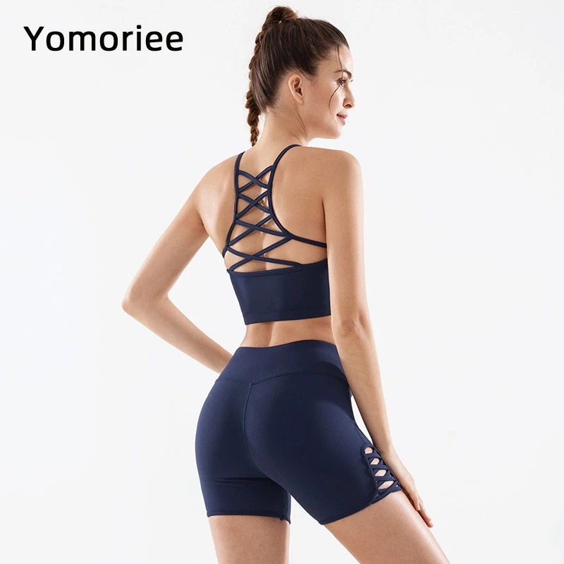 

Gym Yoga Set For Women Sport Workout Running Training Seamless Solid Color Sexy Cross-Back Bra & Shorts Suit Breathable Yomoriee