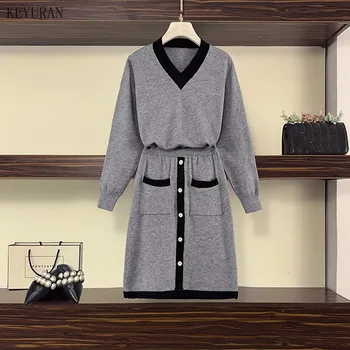 

Knitted Two Piece Set Women Elegant Sweater Pollover + Single-breasted Bodycon Skirt Set Suits Matching Sets Femme 2 Piece Set