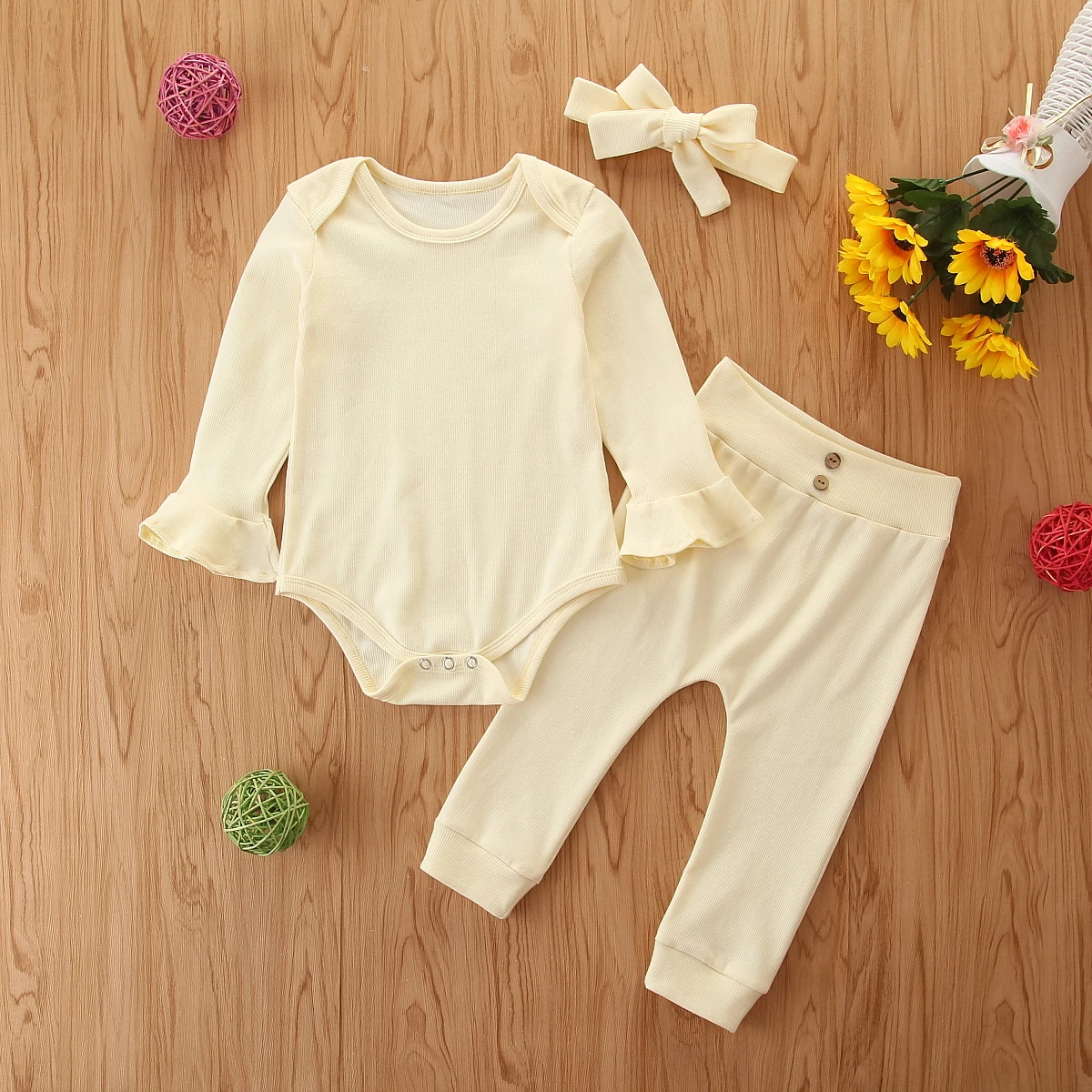 

Baby Girls Clothes Set, Toddler Long Sleeve O-neck Tops + Long Pants + Headband/Hat, Solid Color Suit for Spring, Fall