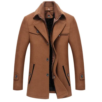 

New Men's Wool Woolen Coat Double Collar Detachable collar Thick Lapels Self-cultivation Fashion Winter Warm Blends Coat