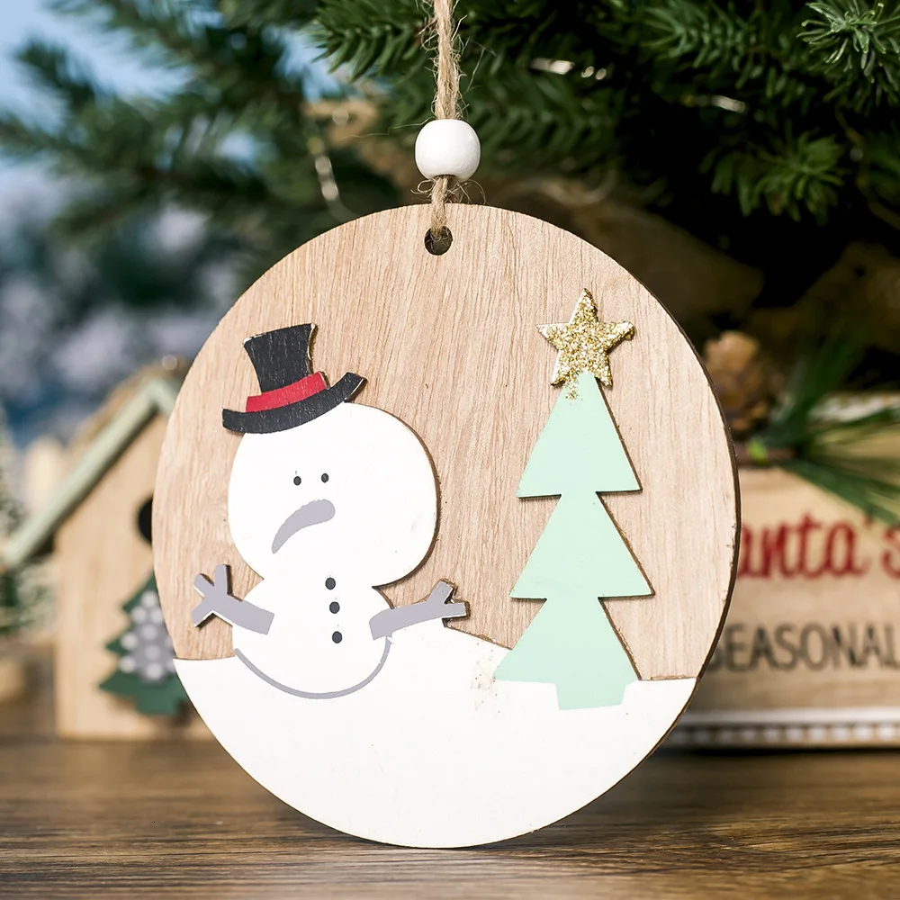 C Snowman 2 шт Рождественская круглая деревянная подвеска Снеговик Олень Медведь Рождественское украшение для дома Рождественская елка украшение год - Цвет: C Snowman