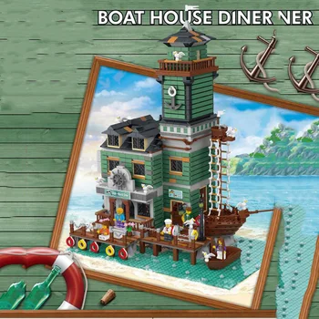

New City Creator Street View Fishing Store Boat House Diner Building Blocks Architecture Bricks Education Toys for Chilrend Gift