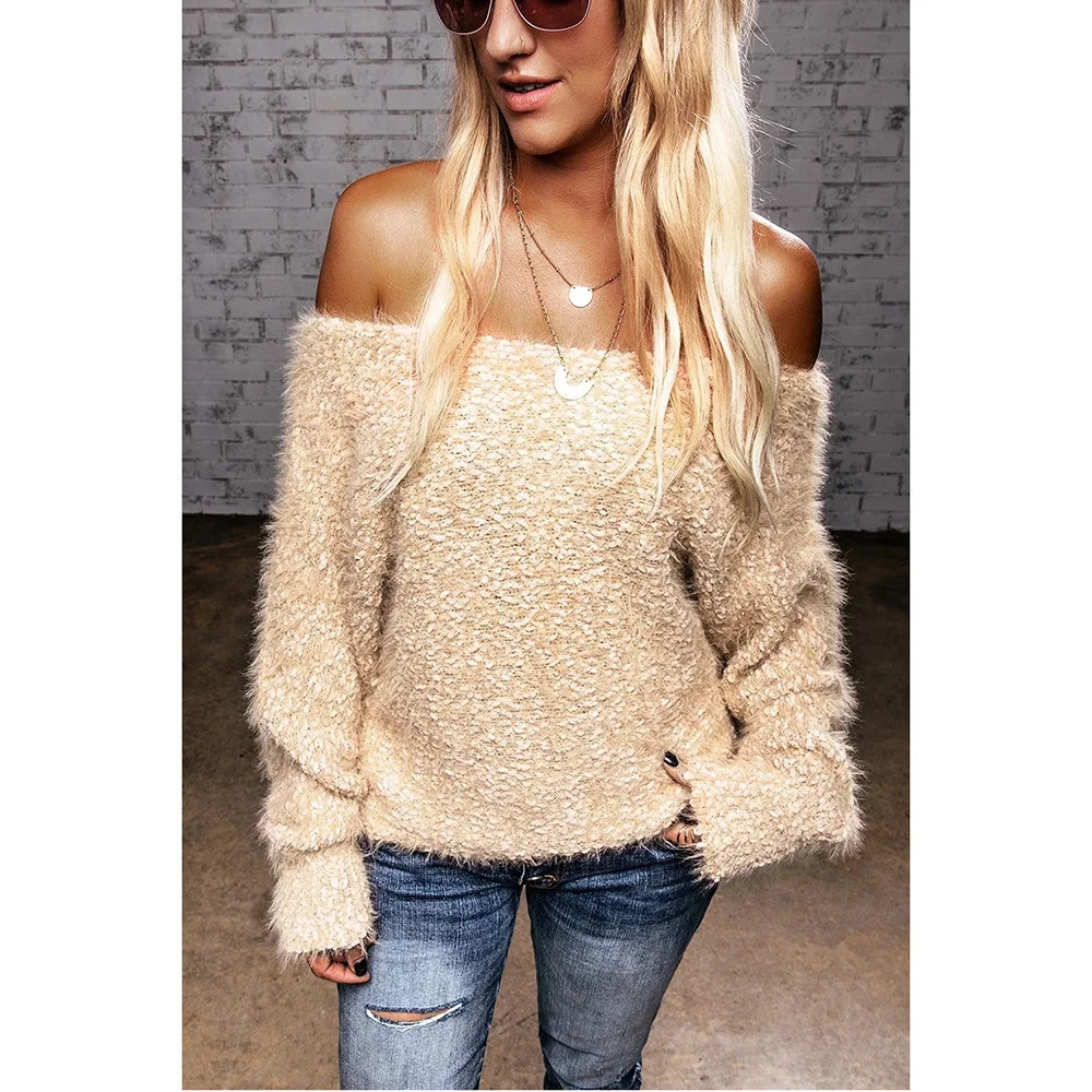 

Sweater Horizontal Neck Loose Long-Sleeved Stitching Solid color Knitted Pullover sweaters for women 2020 Autumn and Winter