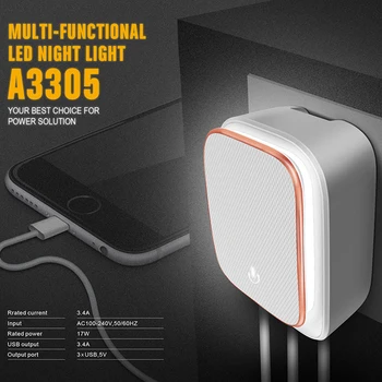 

1Pcs Fashion Travel Adapter 5V 3.4A With Led Night Light 3 Port Usb Wall Charger
