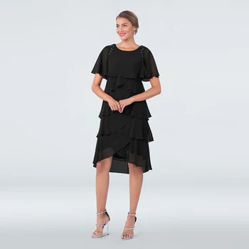 

2020 Elegant Black Short Chiffon Short Sleeves Mother of the Bride Dresses Knee Length Jewel Neck Beaded Wedding Party Gowns