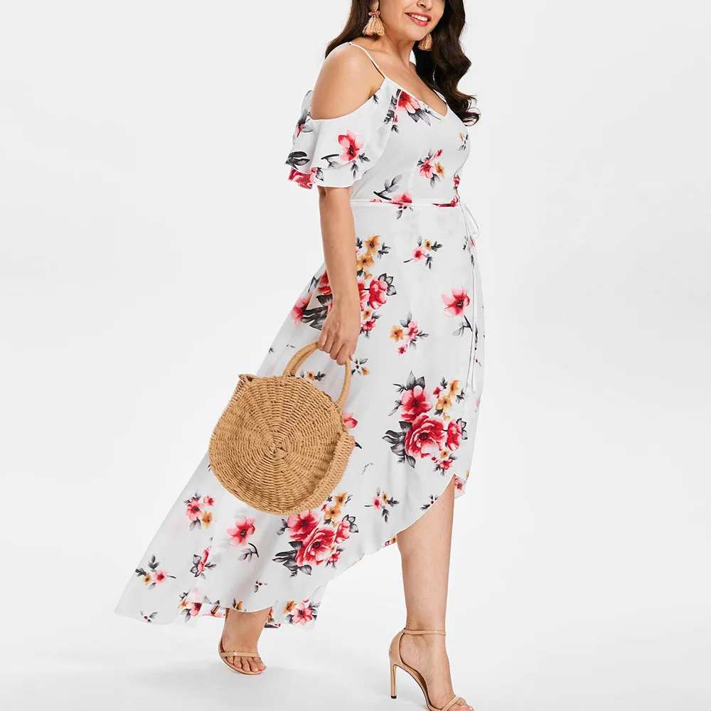 Большие размеры L-5XL женское Макси платье с коротким рукавом и открытыми плечами цветочный принт в стиле бохо летнее платье длинное платье vestido verano A3