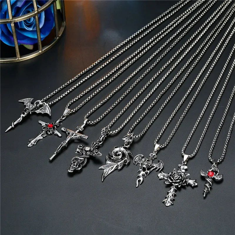 1PC Punk Vintage Metal Rose Cross Skeleton Necklace Personality Gothic Red Zircon Sword Pendant Necklace Women