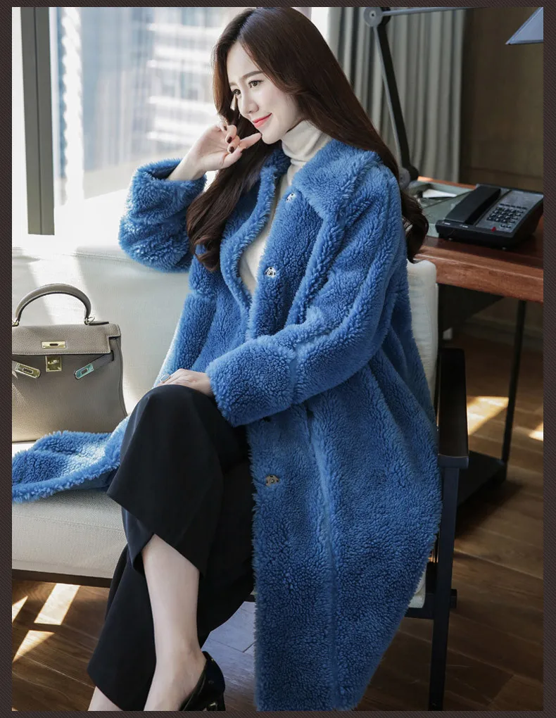 Синее меховое пальто из овечьей шерсти, женская зимняя Новинка, европейские товары, длинное бархатное пальто