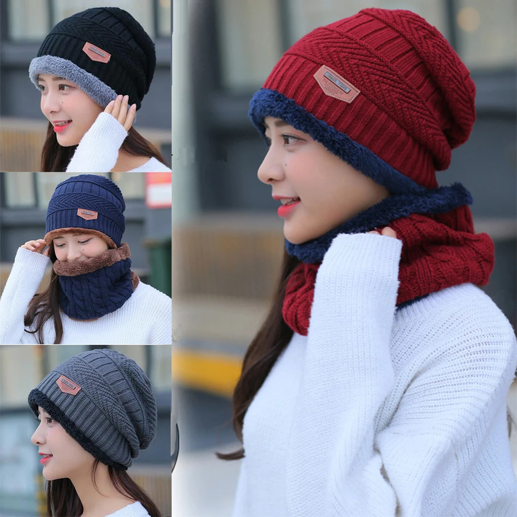 2PCS Men's Women's 2 Sided Beanie Winter Warm Knit Ski Knitted Scarf Hat Windproof Couple Hat Slouchy Hats with Pom Scarves